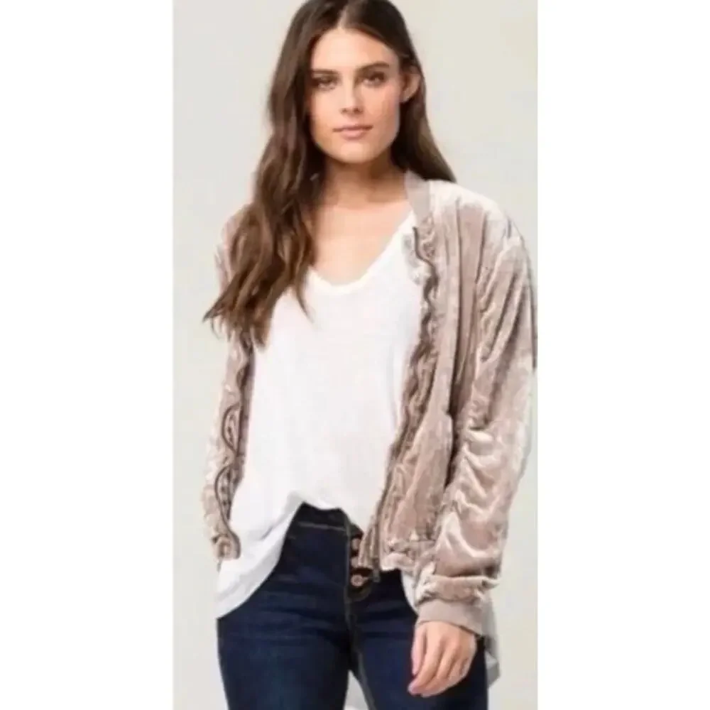 Free People Velvet Bomber Jacket Medium Ruched Champagne Sand Boho Luxe Festival